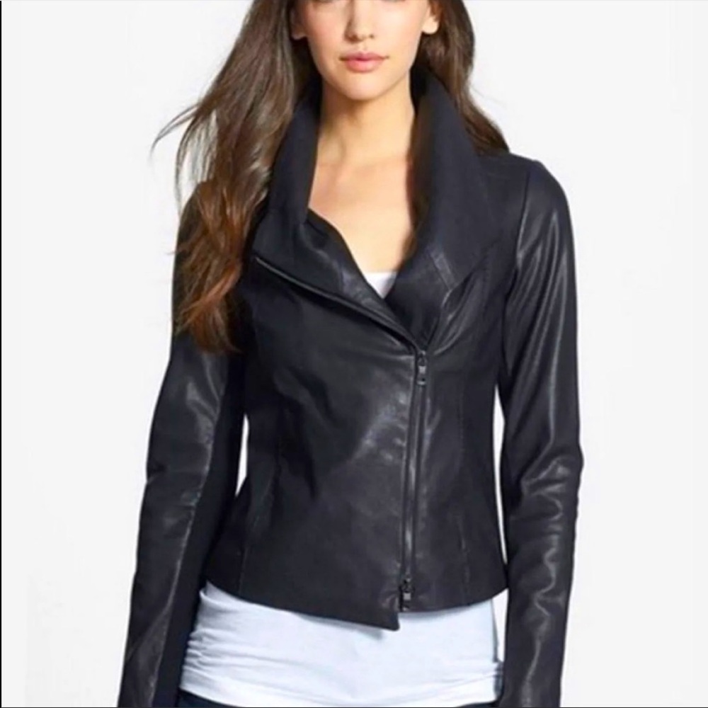 Vince Black Cross-Front Leather Jacket, size M